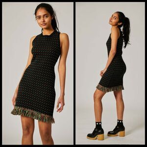 Rachel Antonoff Maddy Fringe Dress Size XS Mini Heart Jaquard Black Cotton